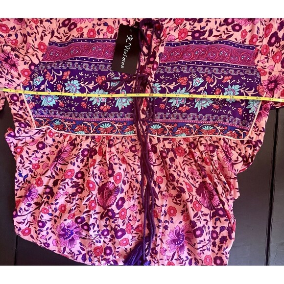 NWT R Vioimas Boho Puff Longsleeve Floral Print Maxi Dress Womens L Pink Purple - Picture 9 of 10